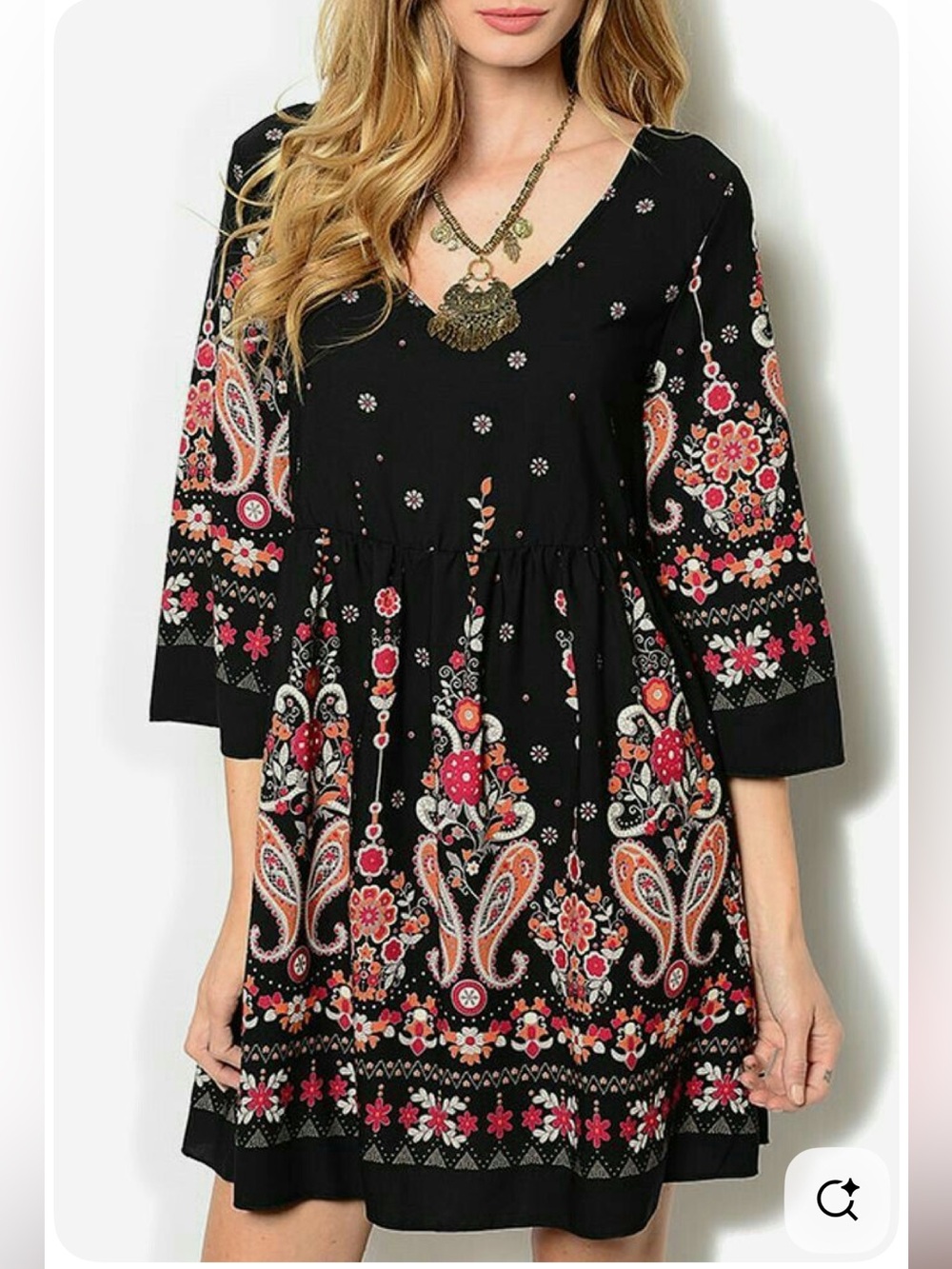 Soprano Boho Black Paisley Floral V-Neck Babydoll Dress Sz Med